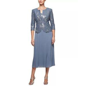 New ALEX EVENINGS Women’s Size 8 Blue A-Line Midi Dress With Jacket Cocktail
